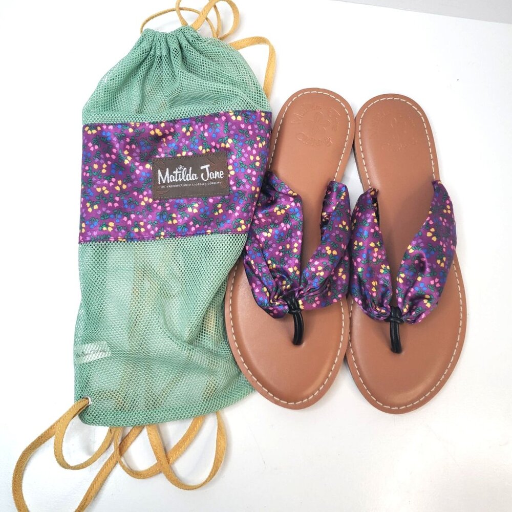 Matilda Jane Thong Sandals 7 Purple Floral Satin Open Toe Beach Flip Flop Slides - Picture 2 of 11
